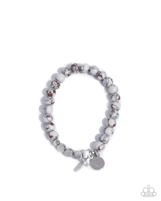 Devout Debut - White, Brown Stone Bead, Silver Disc & Cross Stretch Bracelet Paparazzi B2227