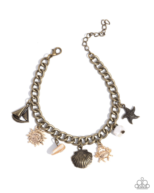Sleek Sailing - Brass Beach Sailboat, Sun, Shell, Crab, Starfish Charm Style Bracelet Paparazzi B2240