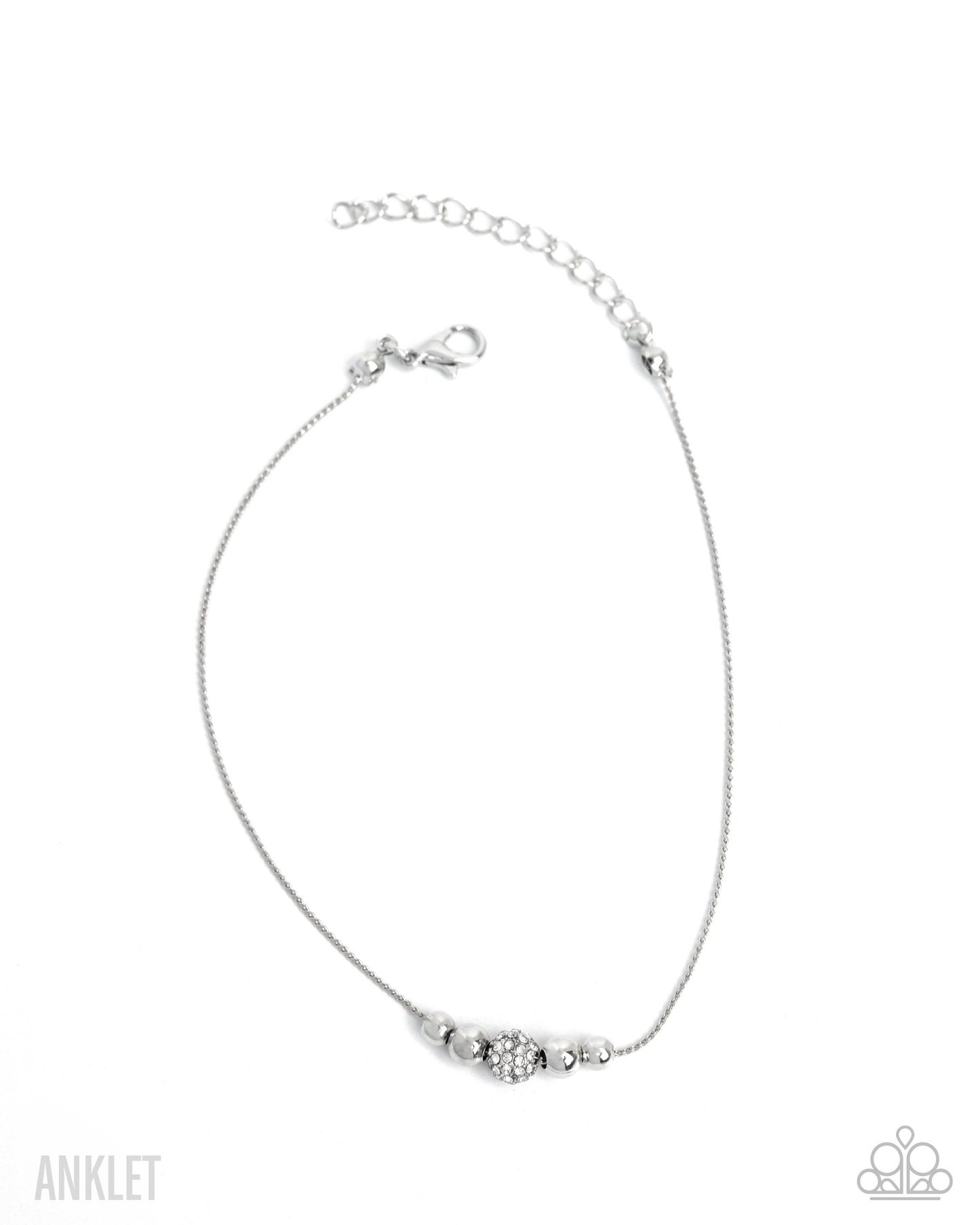 Simple Showcase - White Rhinestone encrusted Bead Silver Chain Anklet Paparazzi B2207