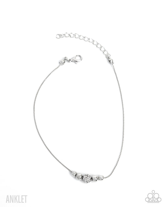 Simple Showcase - White Rhinestone encrusted Bead Silver Chain Anklet Paparazzi B2207