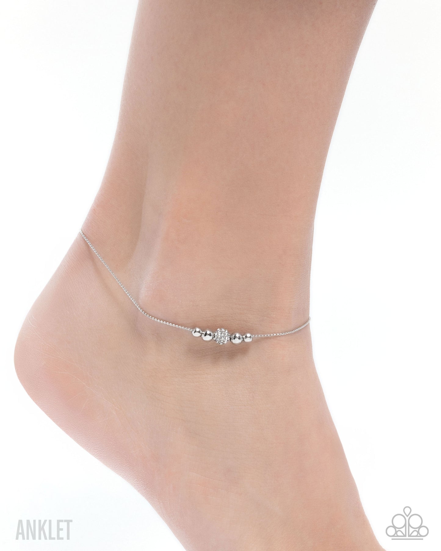 Simple Showcase - White Rhinestone encrusted Bead Silver Chain Anklet Paparazzi B2207