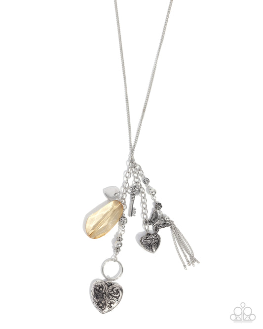 Timeless Transparency - Brown Tan Transparent Gem, Silver Butterfly, Heart Padlock, Key, Charm Style Necklace Paparazzi N3633
