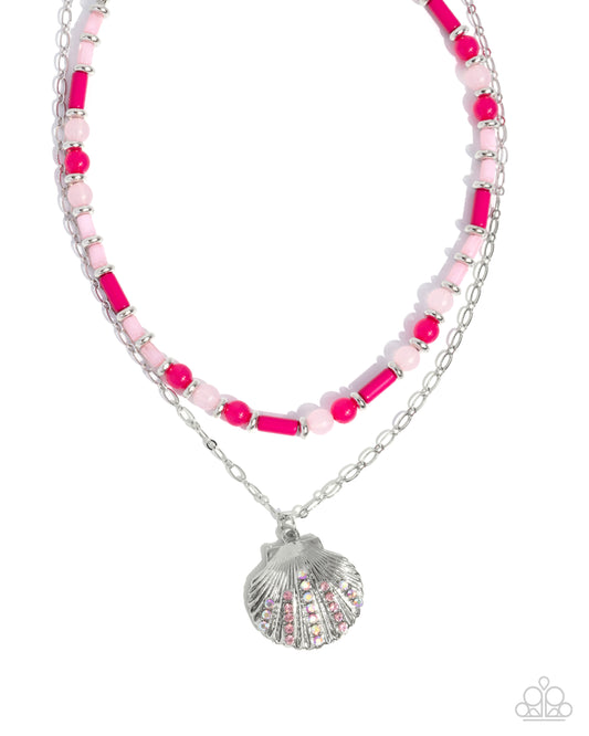 Superior Seashell - Pink Vibrant Beads, Silver & Pink Iridescent Rhinestone Seashell Pendant Necklace Paparazzi N3543