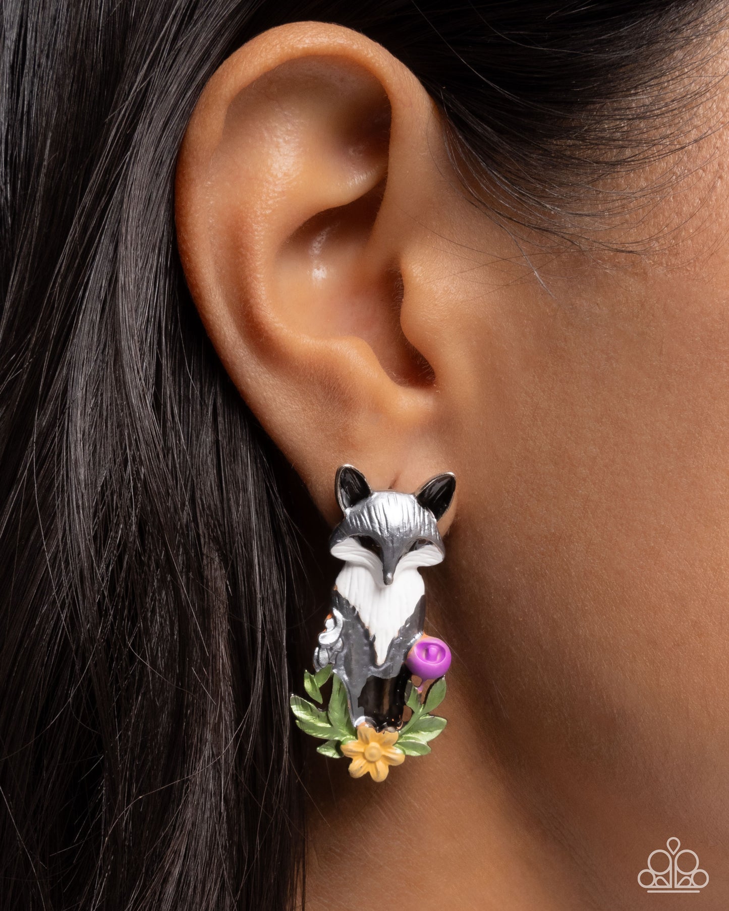 Fox Fanatic - Multi Silver Fox & Purple, Yellow Flower Post Earring Paparazzi E3014