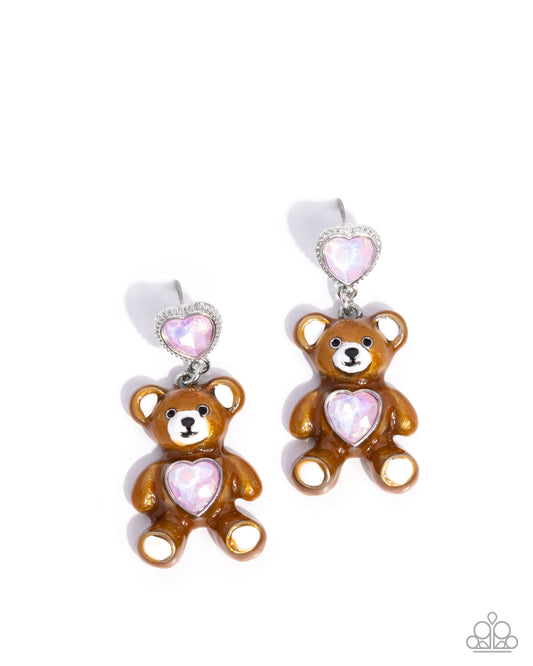 Traditional Teddy - Pink Iridescent Heart Brown Teddy Bear Charm Style Earring Paparazzi E2888