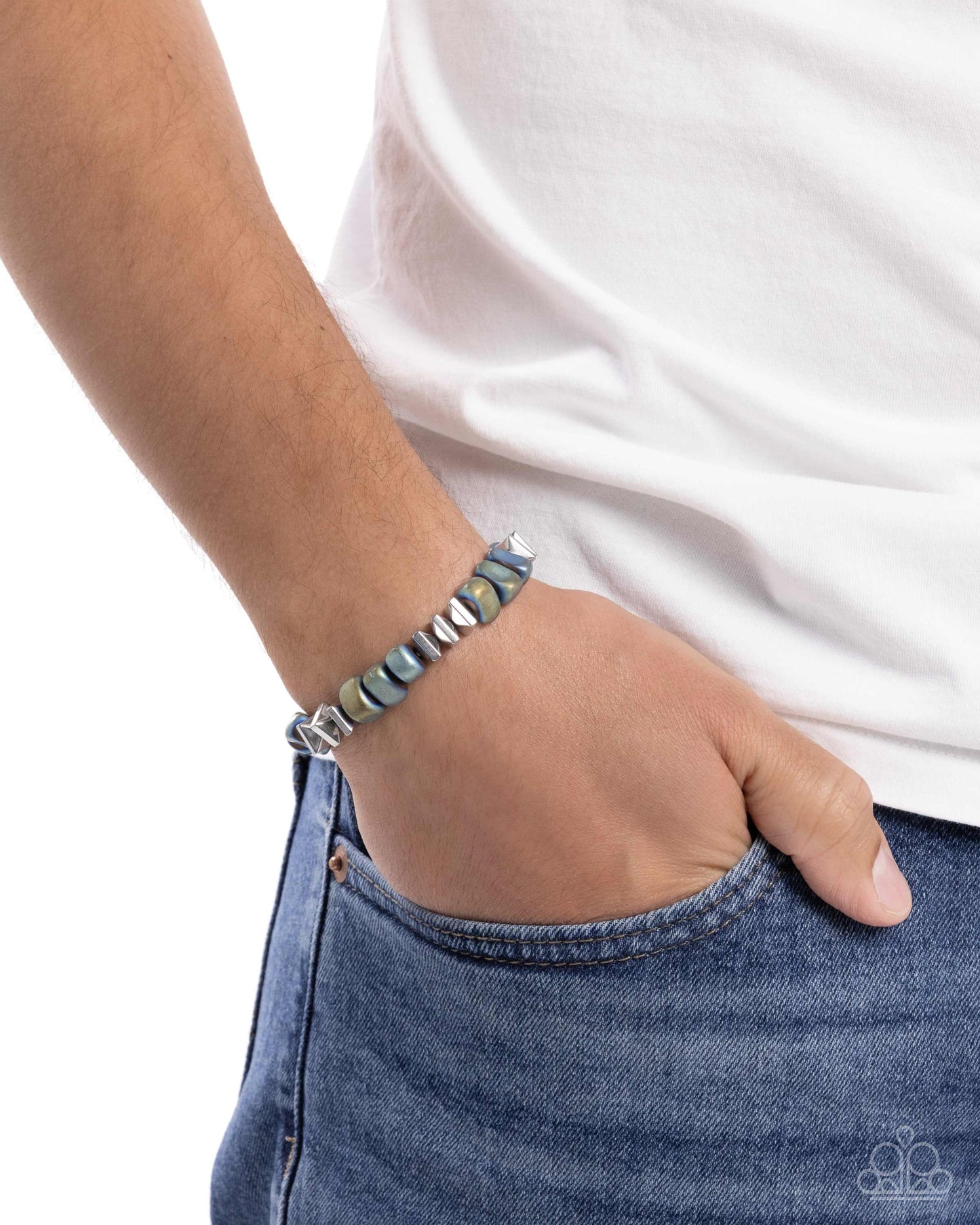 Part of the Plan - Blue Silver Oil Spill Bead Urban Stretch Bracelet Paparazzi