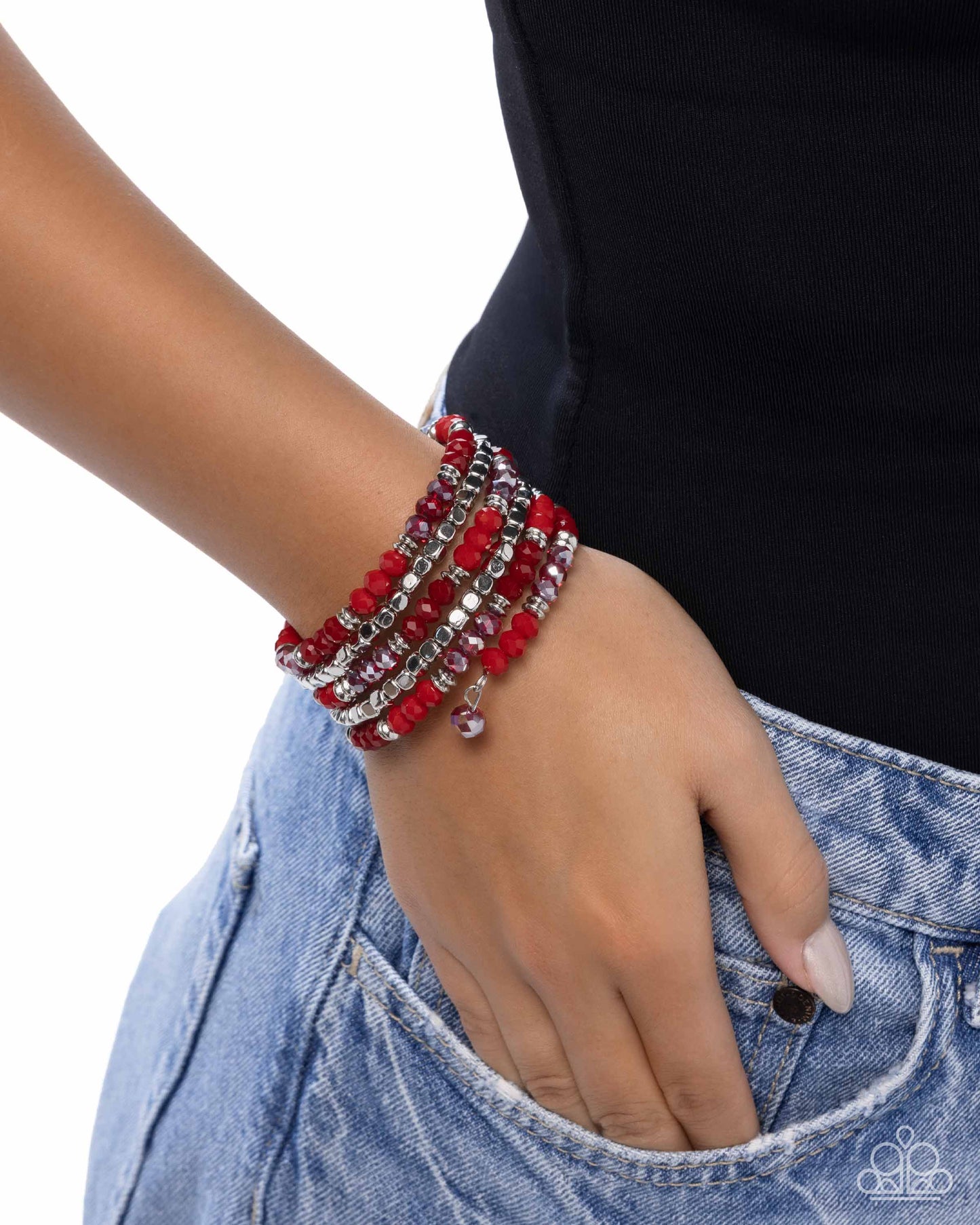 Memorable Masterpiece - Red Faceted & Silver Cubed Bead, Coil Bracelet Paparazzi