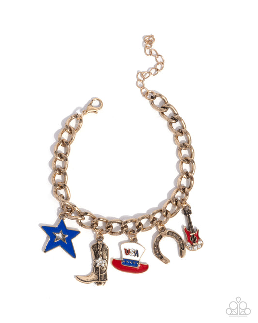 All-American Adornment - Gold Patriotic Boot, Star, USA Hat, Horseshoe, Charm Style Bracelet Paparazzi B2291