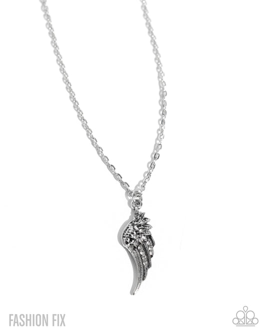 Notorious Nomad - White Rhinestone Silver Angel Wing Necklace Sunset Sightings Fashion Fix June 2025 Paparazzi N3269