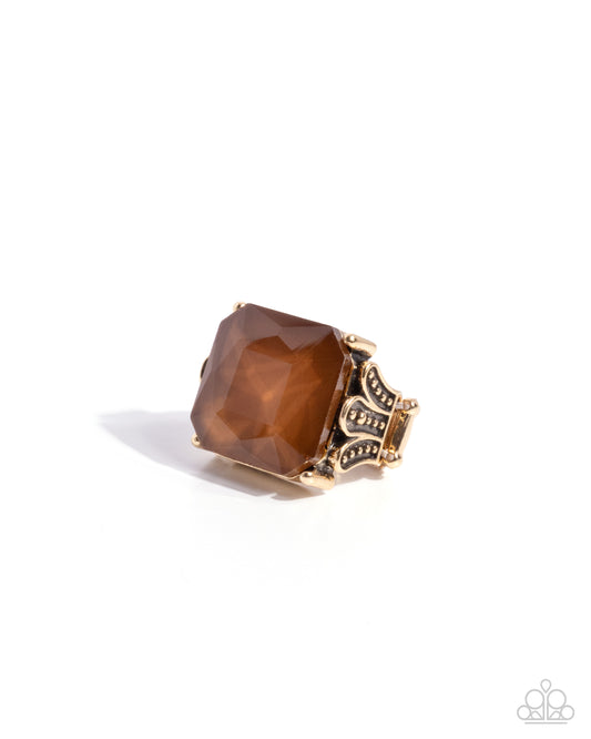 Monumental Masterpiece - Brown Gem Gold Vintage Design Ring Paparazzi R1131