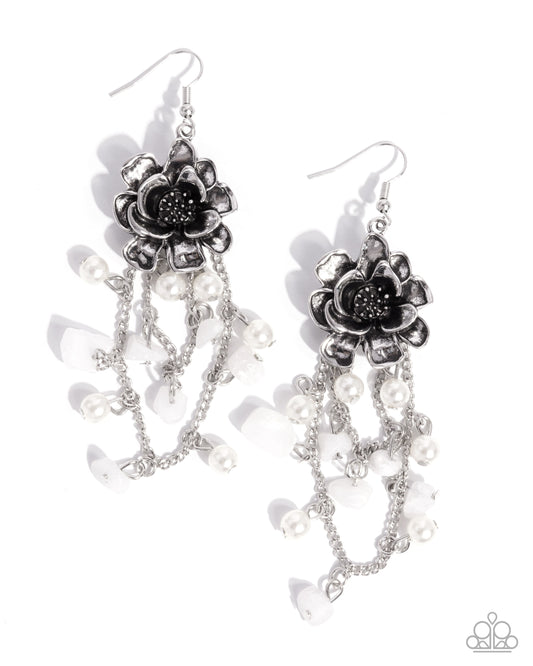 Carefree Cascade - White Pearl, Stone & Silver Flower Earring Paparazzi E2641