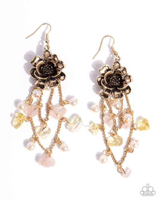 Carefree Cascade - Yellow & Pink Stone Antiqued Gold 3D Flower Earring Paparazzi E2690