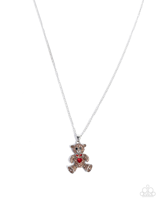Twinkling Teddy - Multi Brown Light Topaz Rhinestone & Red Rhinestone Heart Teddy Bear Necklace Paparazzi N3498