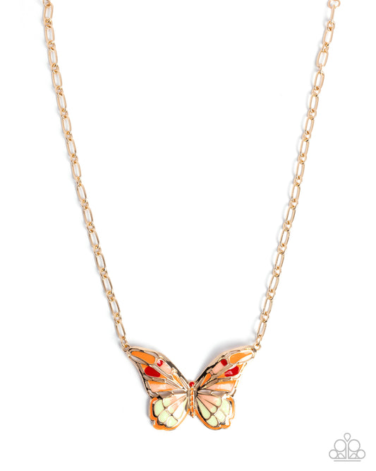 Paparazzi Aerial Accolade - Orange, Peach Pink, Lime Cream, Burnt Orange Gold Butterfly Necklace N3742