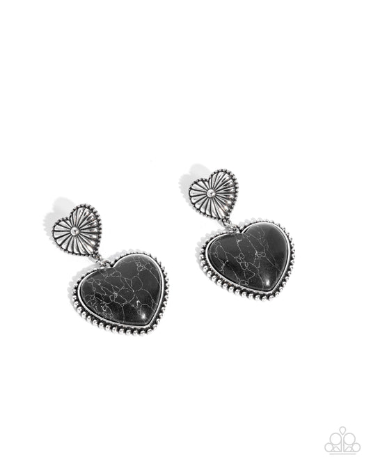 Rustic Reinvention - Black Stone Heart Silver Santa Fe Style Earring Paparazzi E3090
