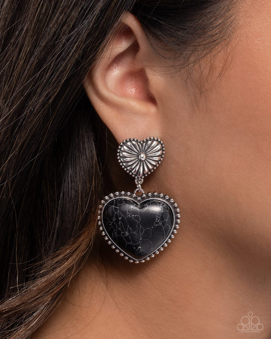 Rustic Reinvention - Black Stone Heart Silver Santa Fe Style Earring Paparazzi E3090