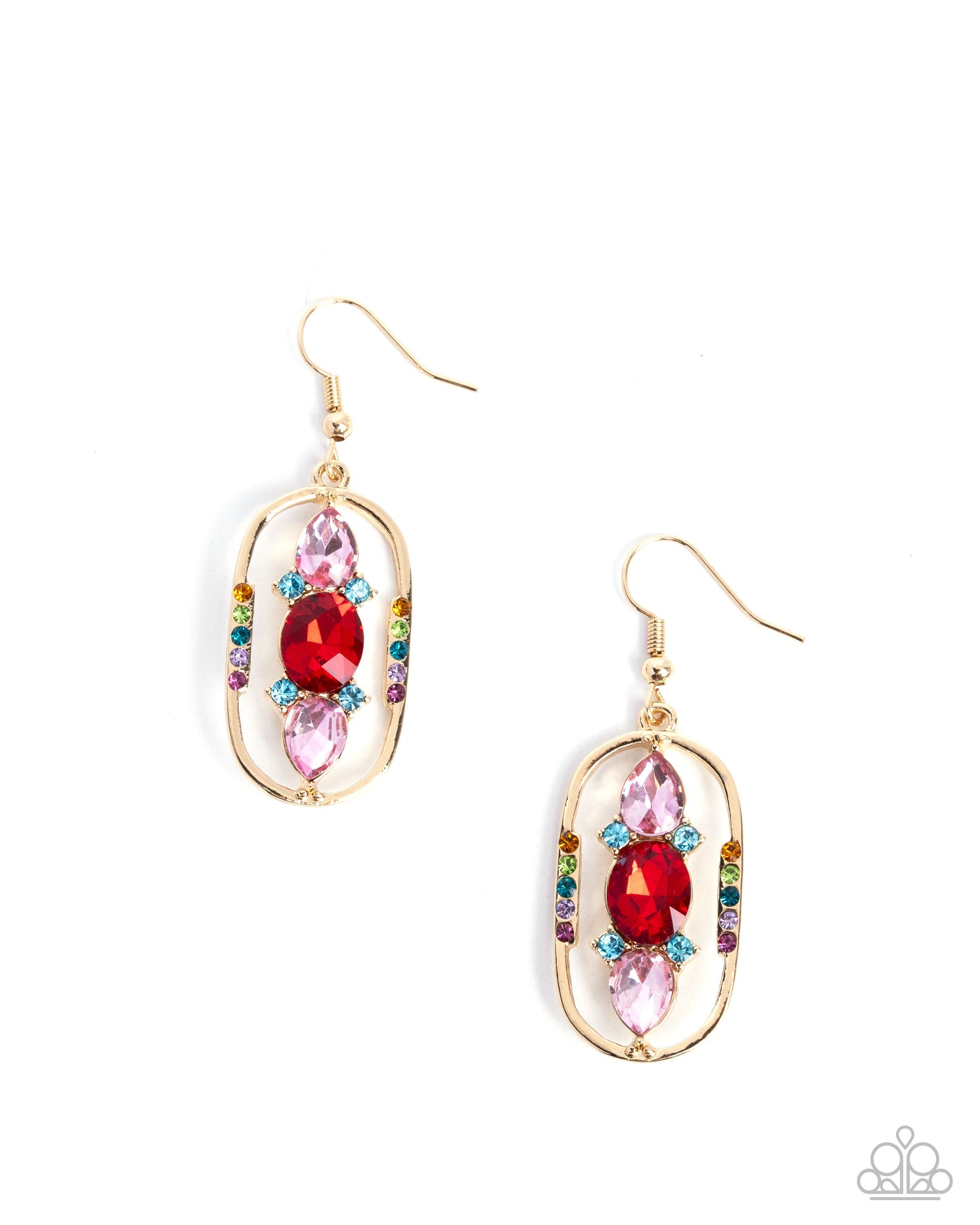 Sit and Stare - Red Gem & Multicolored Rhinestone Earring Paparazzi E2914
