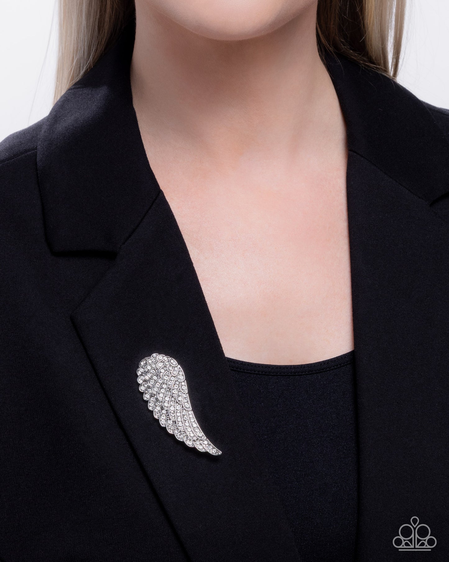 Angelic Affection - White Rhinestone Angel Wing Brooch Lapel Pin Paparazzi BR010