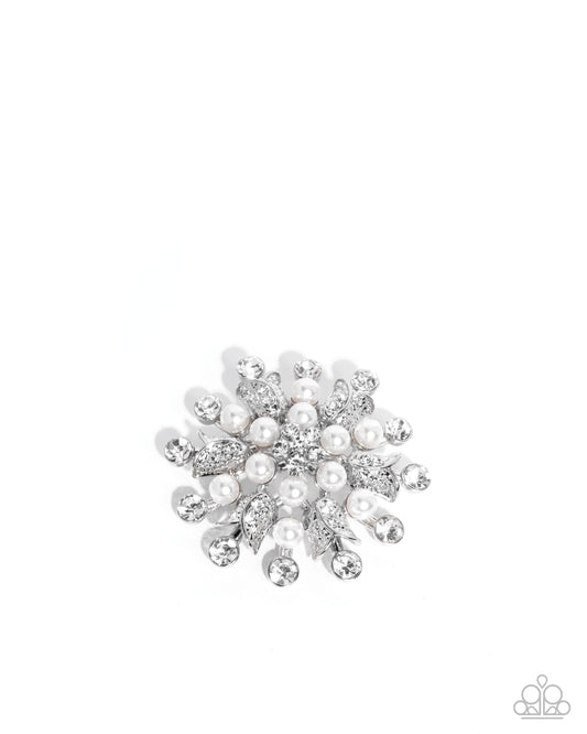 Pearly Prologue - White Gem & Pearl Brooch Pin Paparazzi BR003