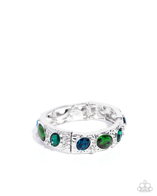 Colorful Castle - Green & Blue Multicolored Oval Gems Hammered Silver Stretch Bracelet Paparazzi B2388
