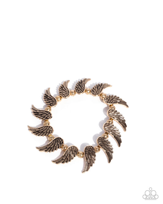 Angelic Ambiance - Gold - Antiqued Gold Angle Wing Stretch Bracelet Paparazzi B2363