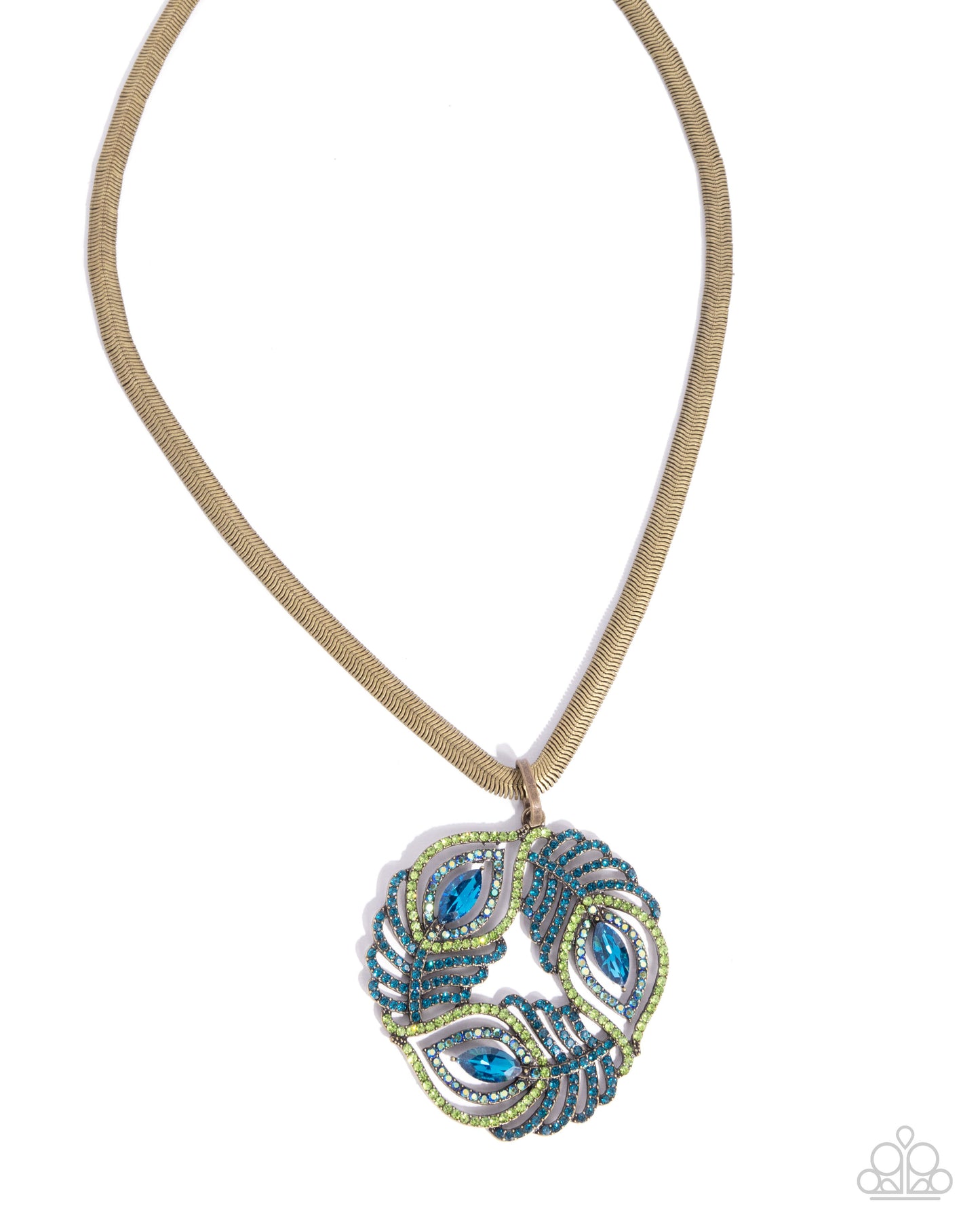 Peacock Patchwork - Brass Snake Chain Peacock Feather Style Pendant Necklace Paparazzi