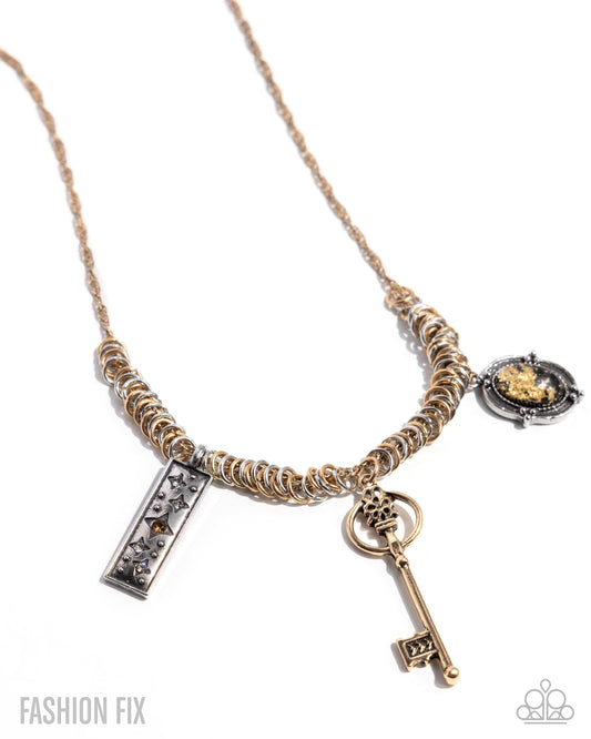 Noteworthy Nomad - Multi Gold & Silver Charm Style Necklace Sunset Sightings June 2025 Fashion Fix Paparazzi N3486