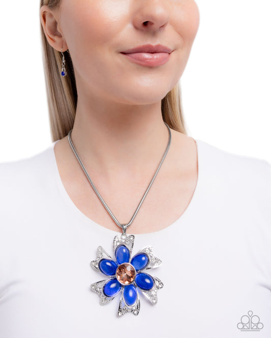 Floral Figurehead - Blue transparent Bead, Peach Gem Flower Necklace Paparazzi N3287