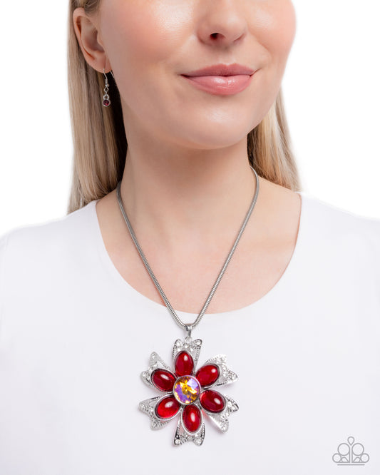 Floral Figurehead - Red Flower Pendant Necklace Paparazzi N3267