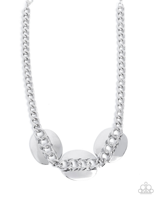 Solid Skillset - Silver Curb Chain Link Oversized Oval Disc Statement Necklace Paparazzi N3409
