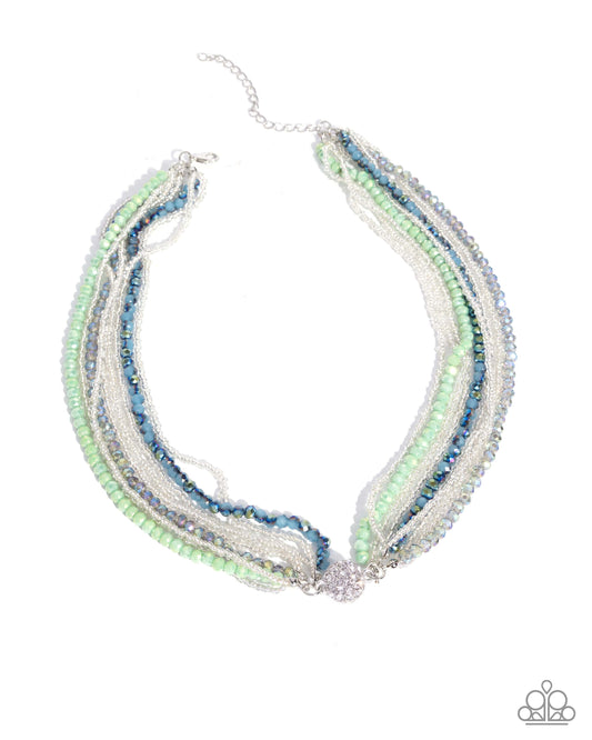 Paparazzi Rushing Radiance - Green, Mint Green, Blue, Silver & Iridescent Finished Bead Multi Strand Necklace