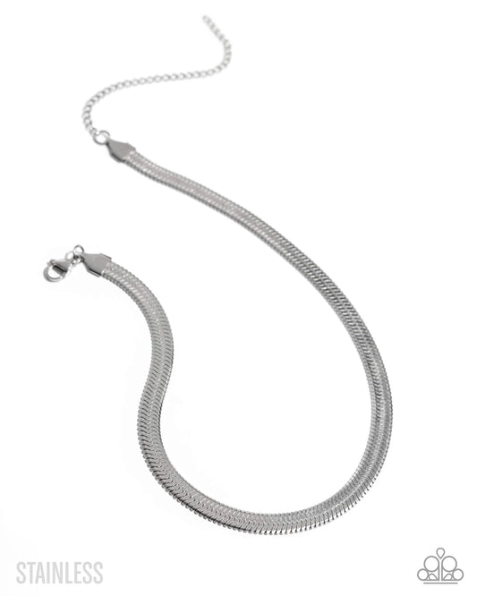 Herringbone Haute Silver Stainless Steel Herringbone Chain Choker Necklace June 2025 Life Of The Party Paparazzi N3489