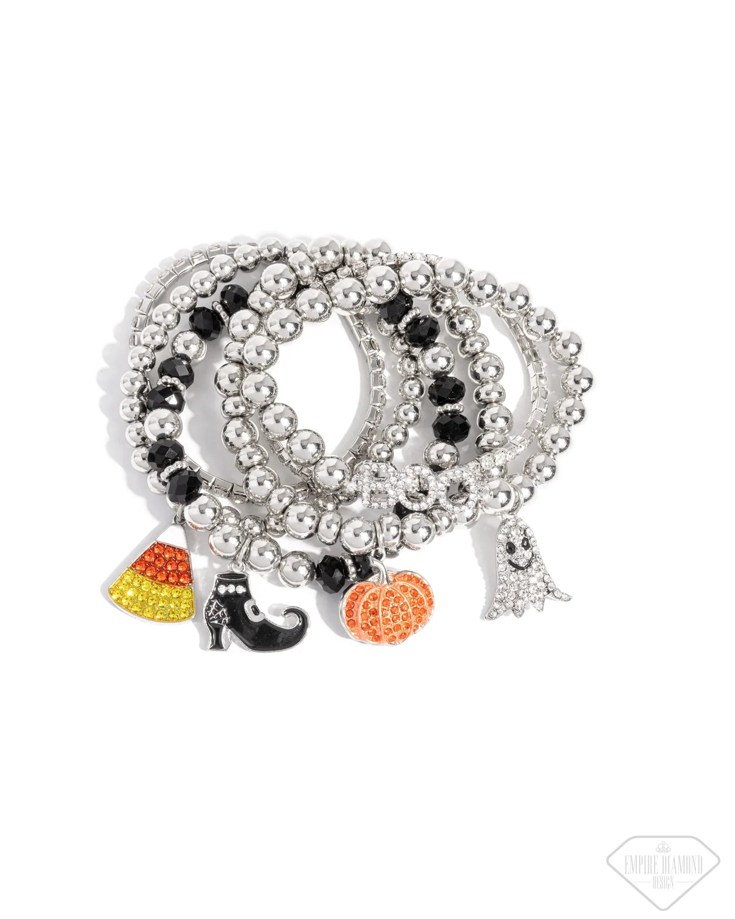 Spooky Shimmer - Multi Halloween Pumpkin Shoe Ghost BOO Black Silver Bead Stretch Bracelet Stack Empire Diamond Exclusive Paparazzi B2439