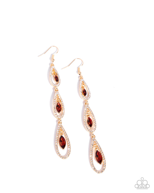 Paparazzi Teardrop Tenure - Brown Topaz Gem Gold Teardrop Style Earring E3084