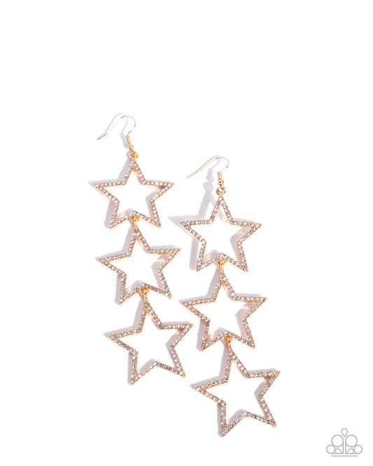 Star-Crossed Success - Gold & White Rhinestone Star Patriotic Earring Paparazzi E2955