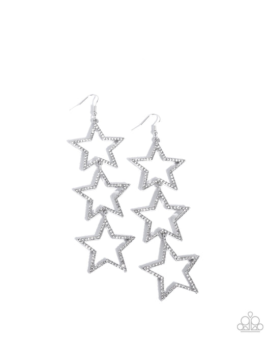 Star-Crossed Success - White Rhinestone & Silver Star Patriotic Earring Paparazzi E2956