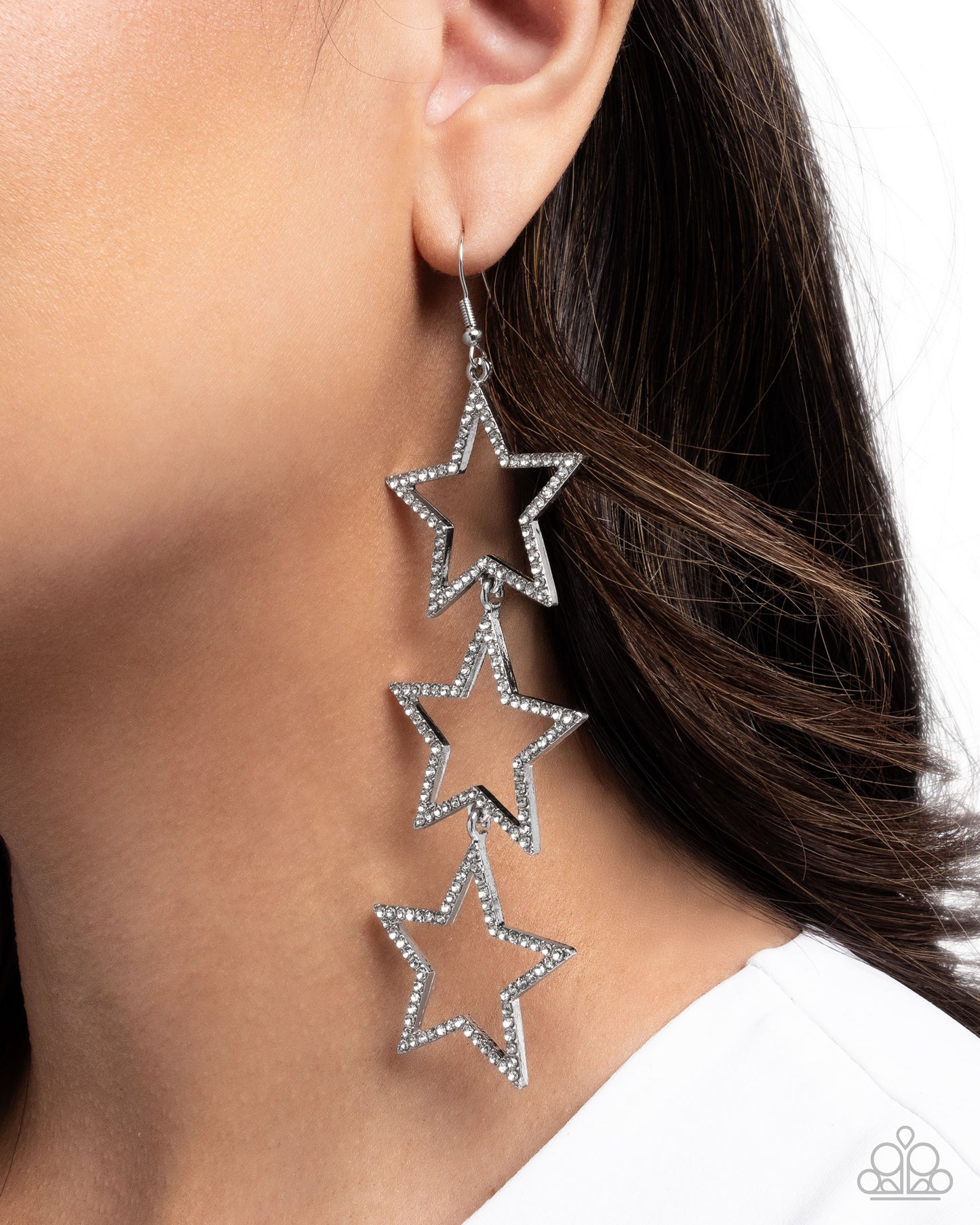 Star-Crossed Success - White Rhinestone & Silver Star Patriotic Earring Paparazzi