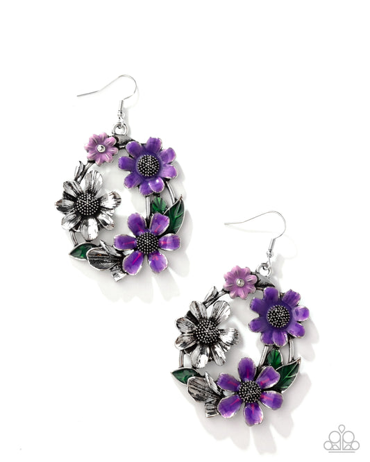 Wreathed Weekday - Purple - Vibrant Purple & Antiqued Silver Flower Earring Paparazzi E2924
