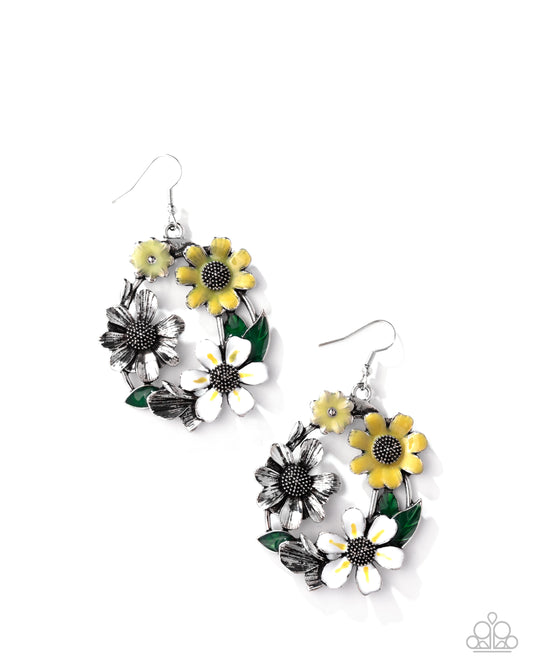 Wreathed Weekday - Yellow & White Flower Earring Paparazzi E2926