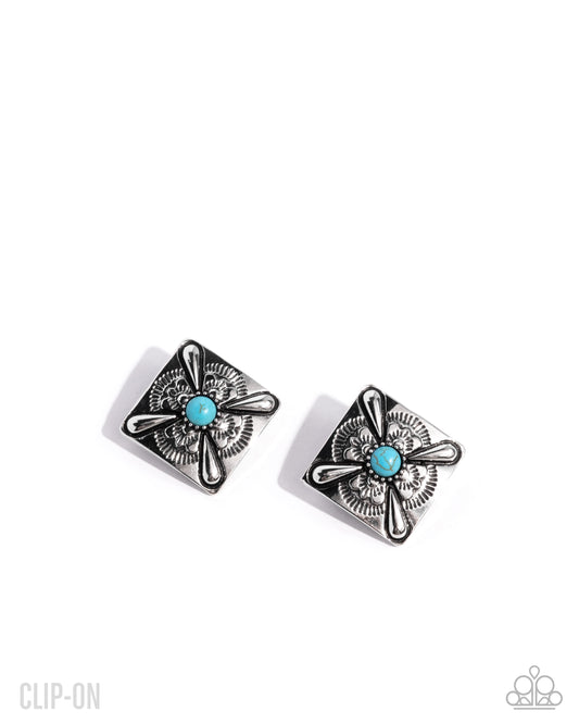 Stony Stencil - Blue Turquoise Silver Santa Fe Style Clip-On Earring Paparazzi E3071