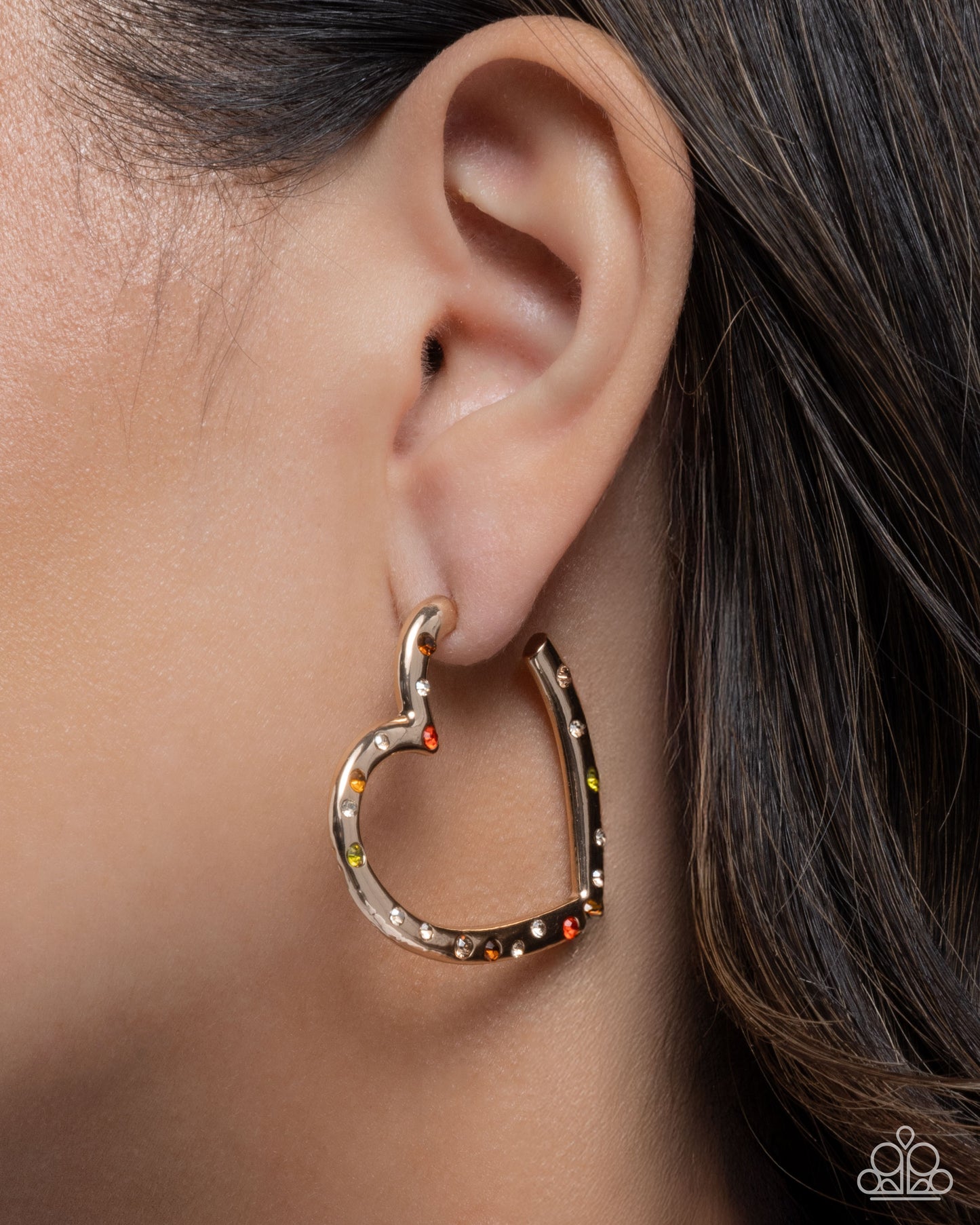 Mosaic Matchmaker - Multicolored Rhinestone Gold Heart 1 1/2 Inch Hoop Earring Paparazzi