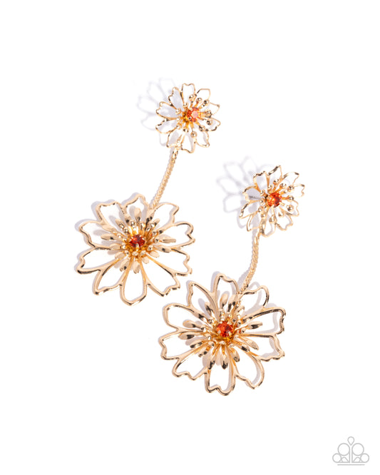 Wiry Whimsy - Orange Rhinestone Gold Flower Post Earring Paparazzi E3022