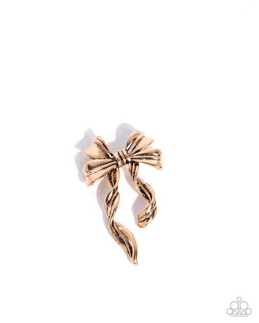 Bow Bonanza - Gold Curled Bow Brooch Lapel Pin Paparazzi BR001