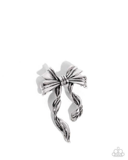 Bow Bonanza - Silver Curled Bow Brooch Lapel Pin Paparazzi BR006
