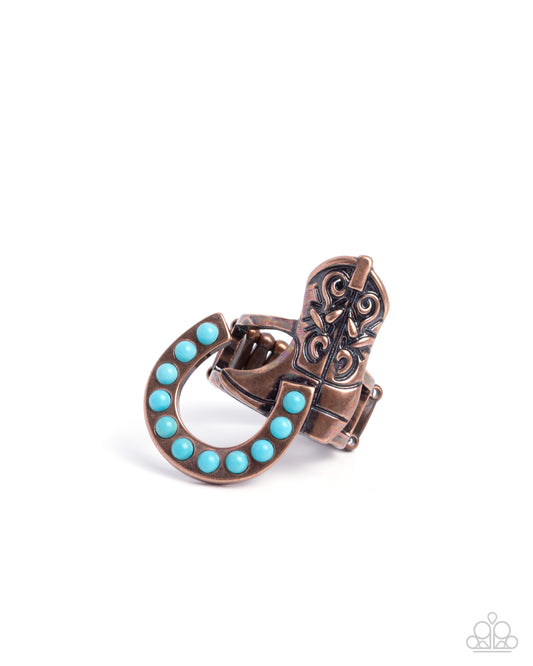 Western Wraparound - Copper Turquoise Horseshoe & Cowboy Boot Motif Western Santa Fe Style Ring Paparazzi R1074