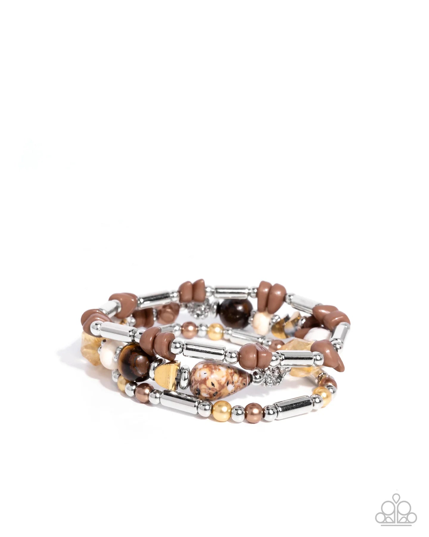 Paparazzi Flashy Fiction - Brown, Cocoon Pearl, Silver Bead, Bran & Tiger's Eye Stone Stretch Bracelet Set Of 3 Bracelets B2660