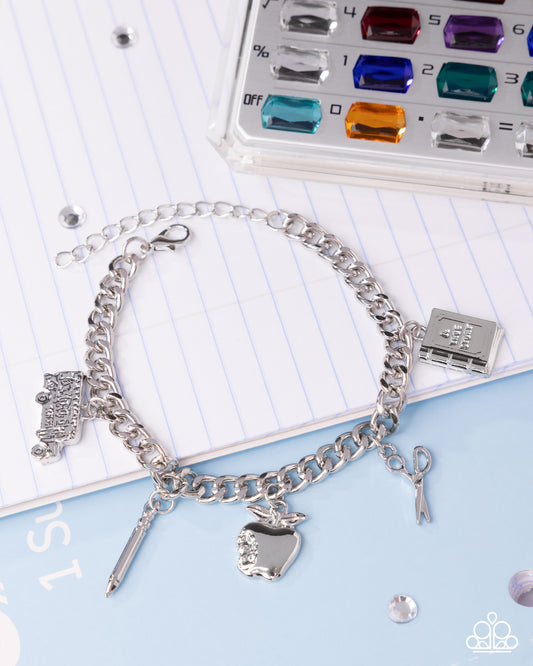 School Is In Session - Silver Back To School - School Bus, Pencil, Scissors, Book & Apple Charm Bracelet Paparazzi B2382