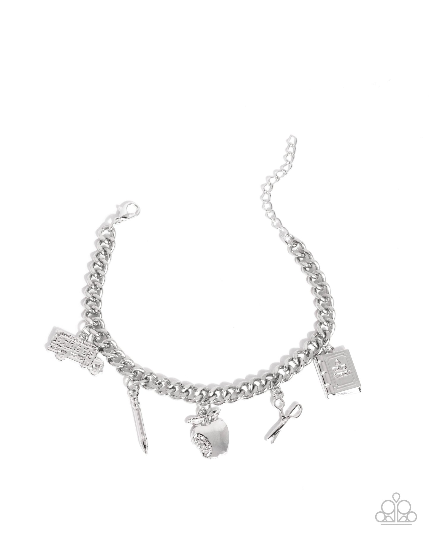 School is in Session - Silver Back To School - School Bus, Pencil, Scissors, Book & Apple Charm Bracelet Paparazzi