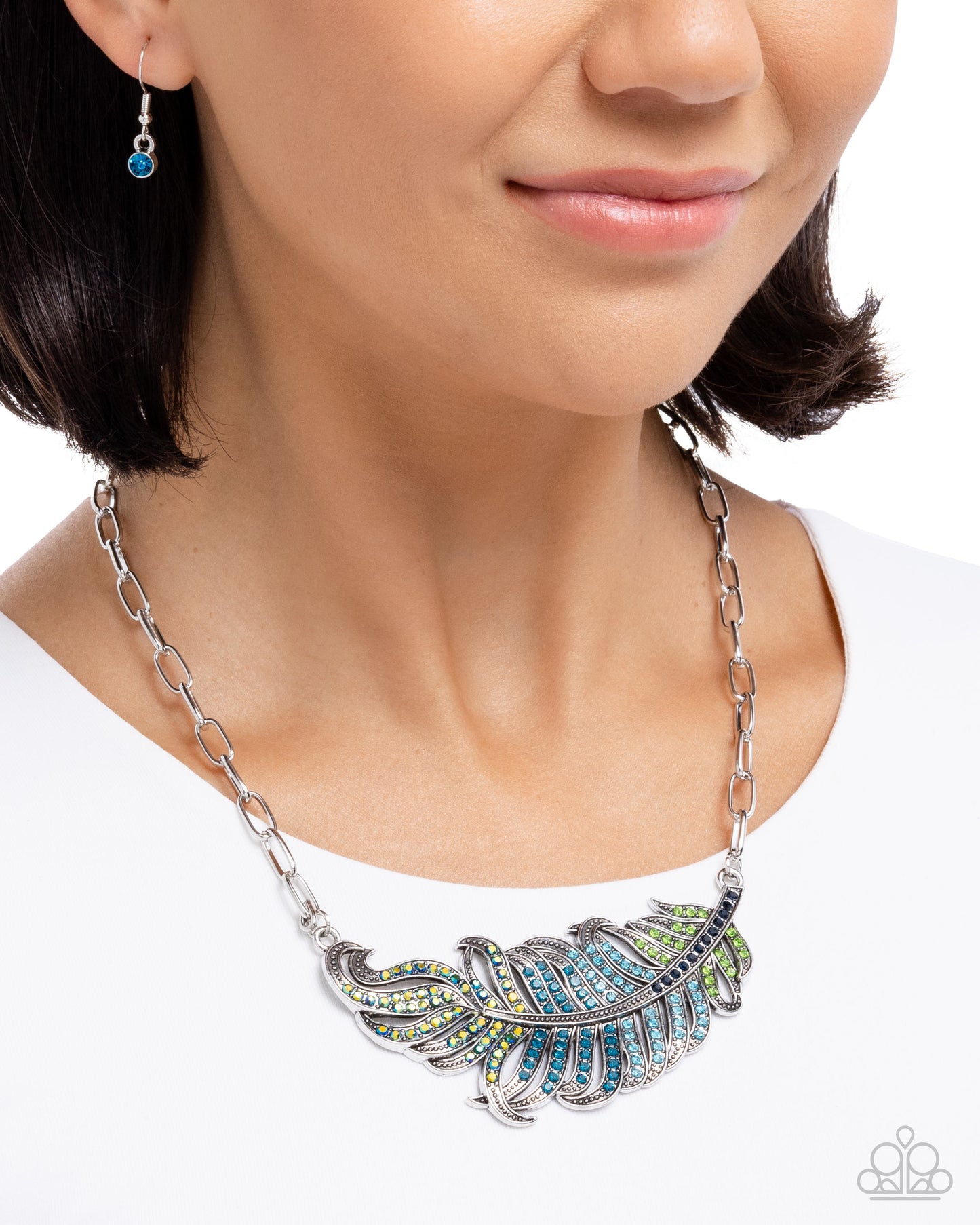 Fancy Feather - Blue, Green Emerald Iridescent, Aquamarine, Blue Zircon Rhinestone Feather Necklace Paparazzi N3501