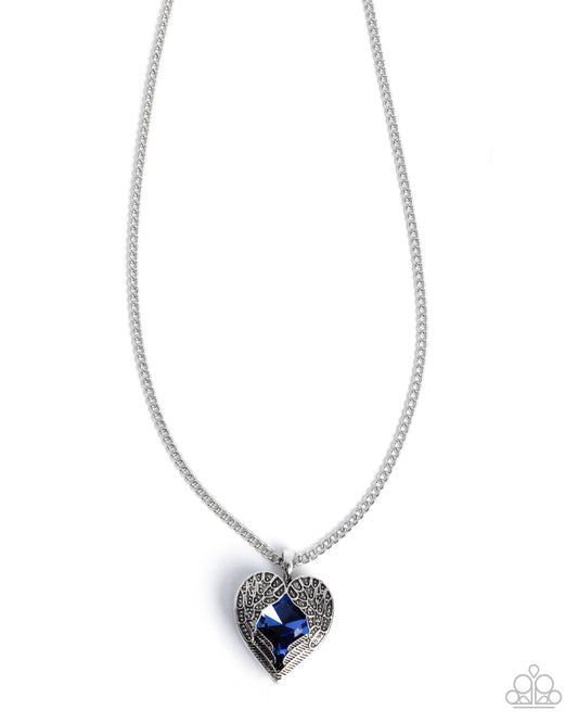 Paparazzi Heartfelt Honor - Blue Gem Silver Angel Wing Heart Necklace